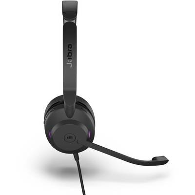 Ein schwarzes Headset mit Mikrofonarm, markiert mit 'Jabra'. Das Design ist modern und funktional, geeignet für Telefonate und Musik.