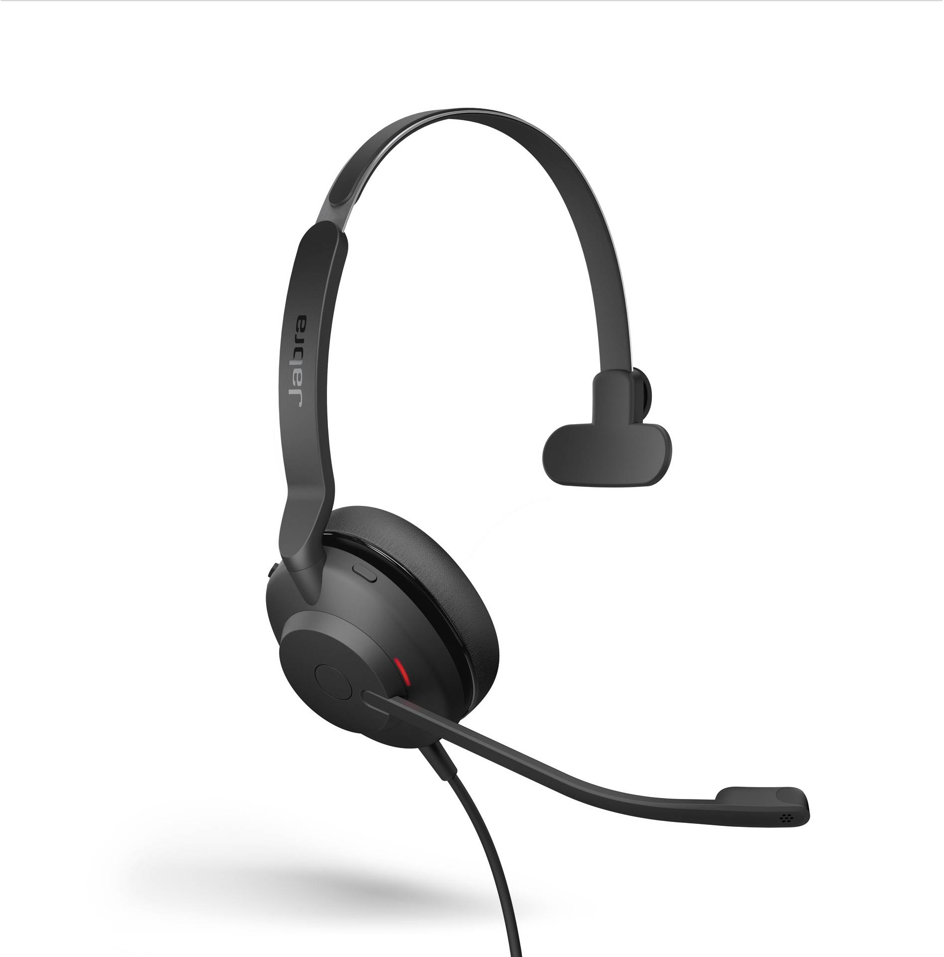 Schwarzes, einseitiges Headset mit Mikrofonarm, geeignet für professionelle Telefonanrufe und Kundendienstgespräche.