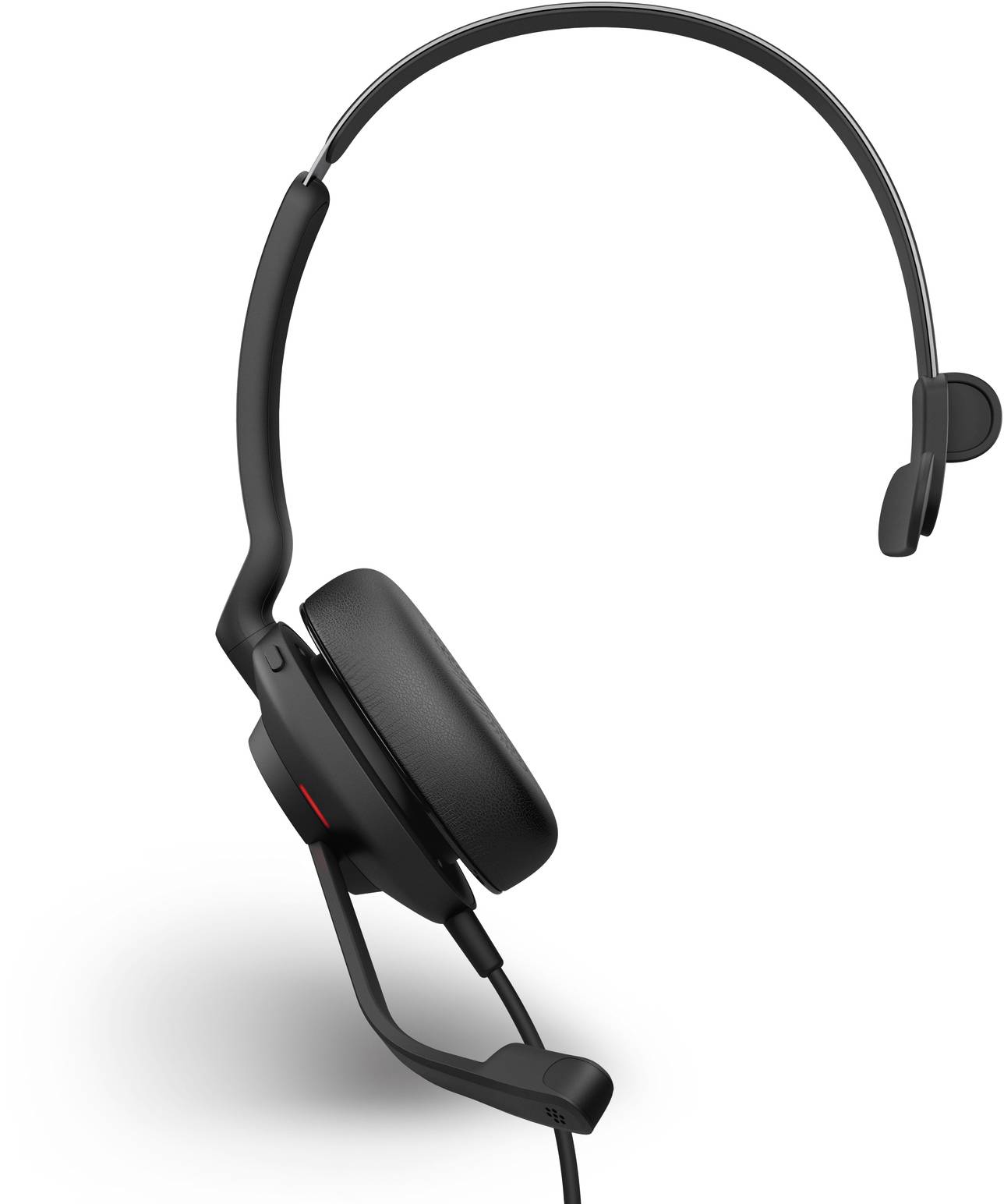 Schwarzes Headset mit einem Ohrhörer, verstellbarem Mikrofonarm und Polsterung, geeignet für Telefon- oder Computerkommunikation.