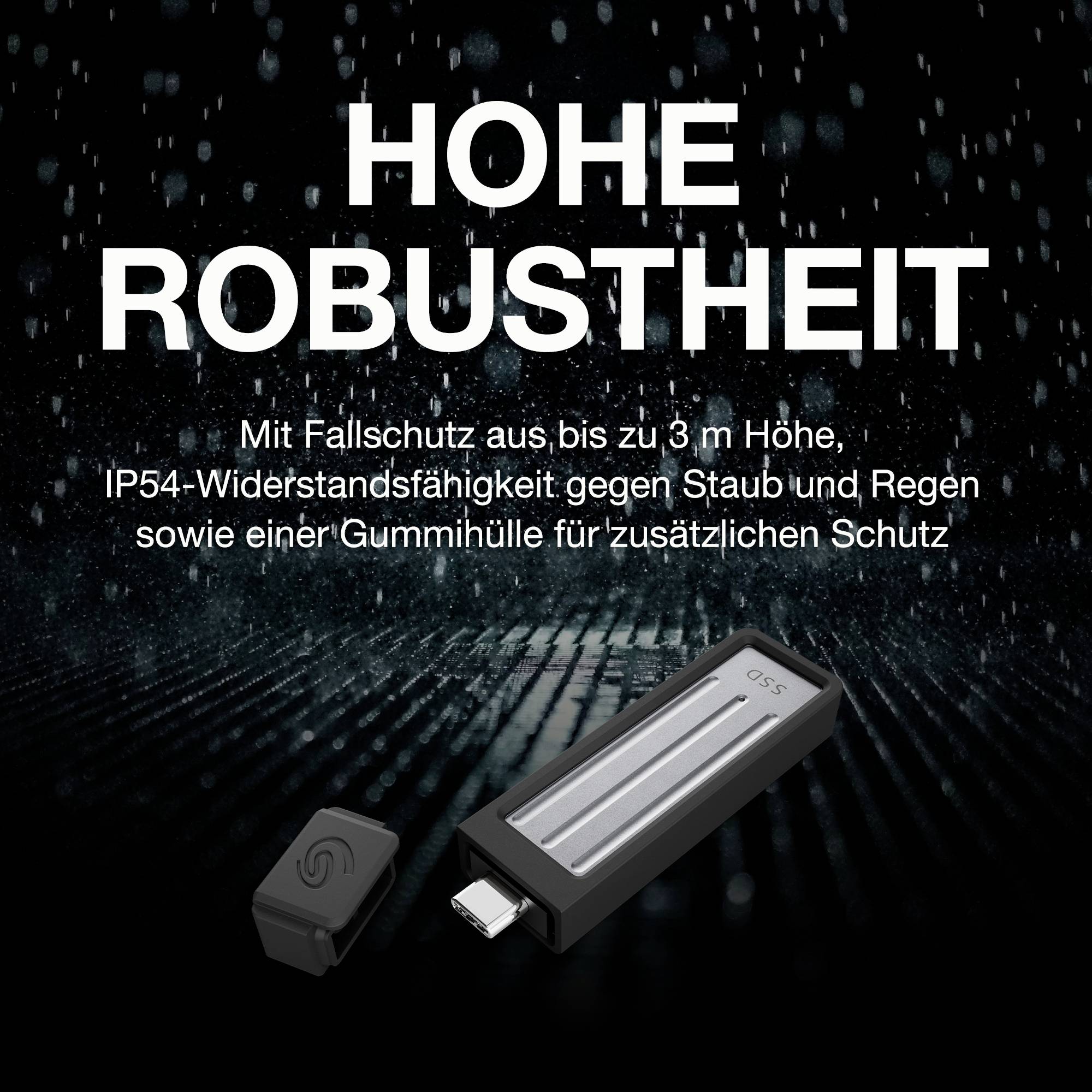 'HOHE ROBUSTHEIT' über einem robusten USB-Laufwerk und abnehmbarer Kappe. Wasser- und staubresistent, ideal für den Außeneinsatz.
