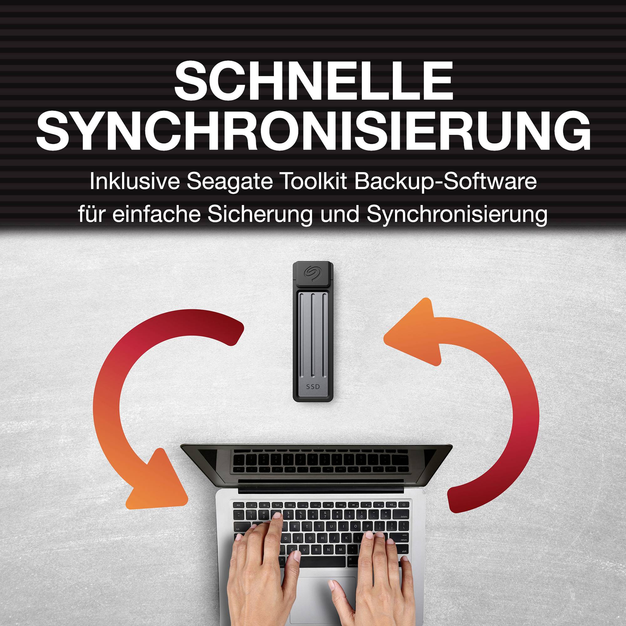 'Schnelle Synchronisierung': Ein Laptop, ein externer Speicher und Pfeile symbolisieren Datensicherung und -synchronisation mit Seagate Toolkit.