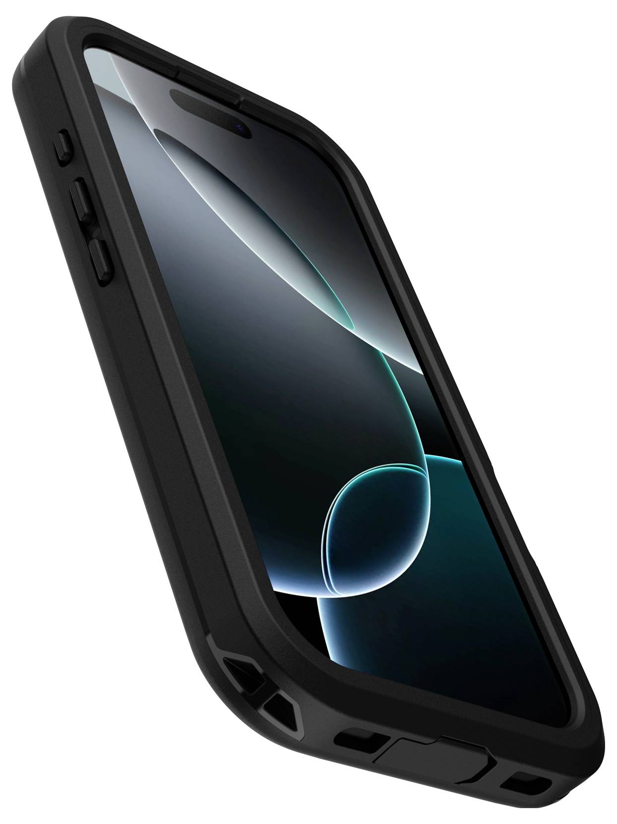 Schwarzes Smartphone mit robustem Schutzgehäuse, schräge Ansicht, Bildschirm deaktiviert.