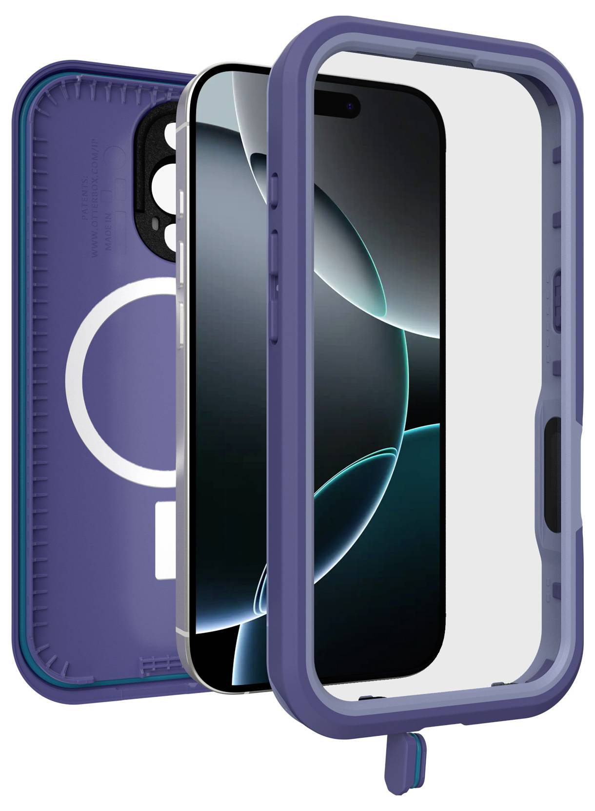 Ein Smartphone in einer robusten, lila Schutzhülle mit abnehmbarem Vorderteil und integriertem Ringsystem steht im Vordergrund.