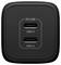 Ein schwarzes Ladegerät mit zwei USB-C-Anschlüssen, gekennzeichnet als USB-C1 und USB-C2. Beschriftung: 'PD 65W'.