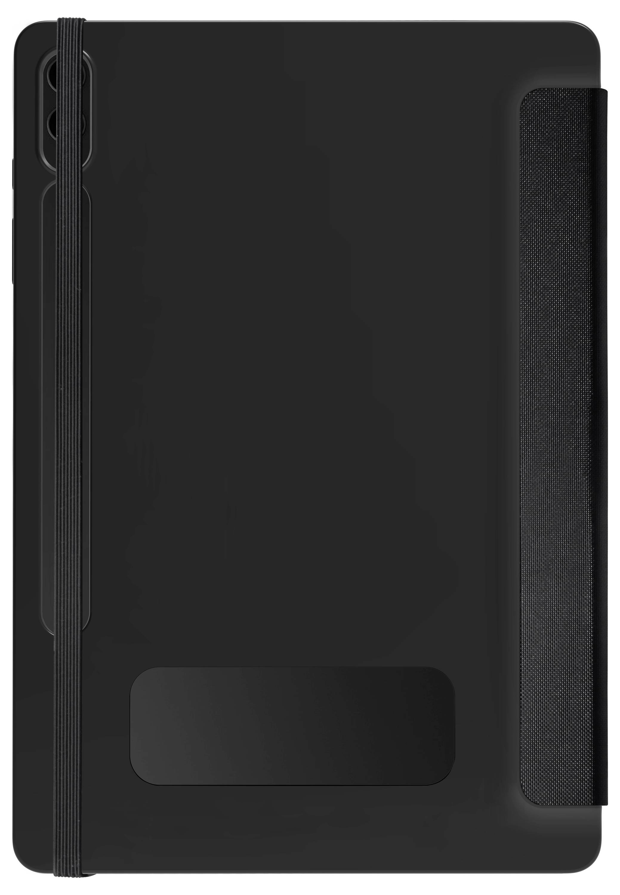 Schwarzes Tablet mit abgedeckter Kamera auf der Rückseite, rechteckige Form, mit elastischem Band und seitlichem Haltegriff.