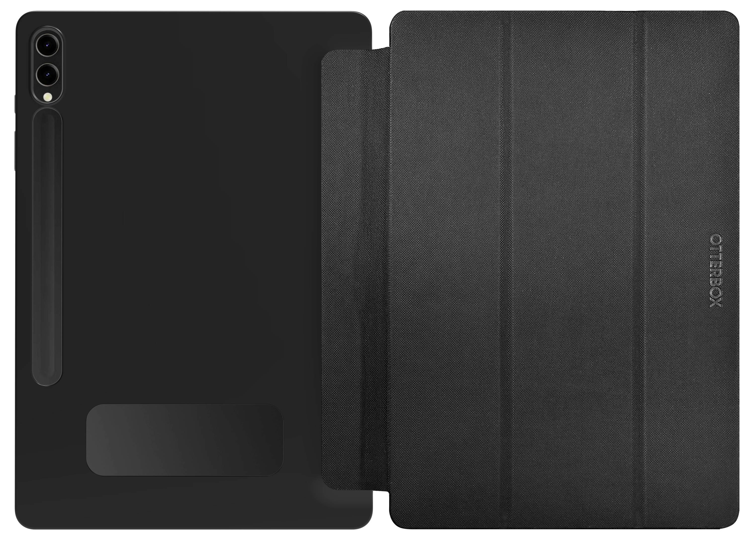 Eine schwarze Tablet-Hülle von OtterBox, geöffnet und von hinten gezeigt. Sie bietet Schutzfunktionen durch robustes Material.