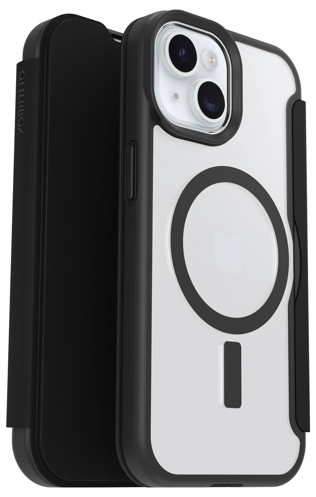 Schwarze Handyhülle mit Ständer- und Ladesystem. Passend für Modelle mit zwei rückseitigen Kameras.