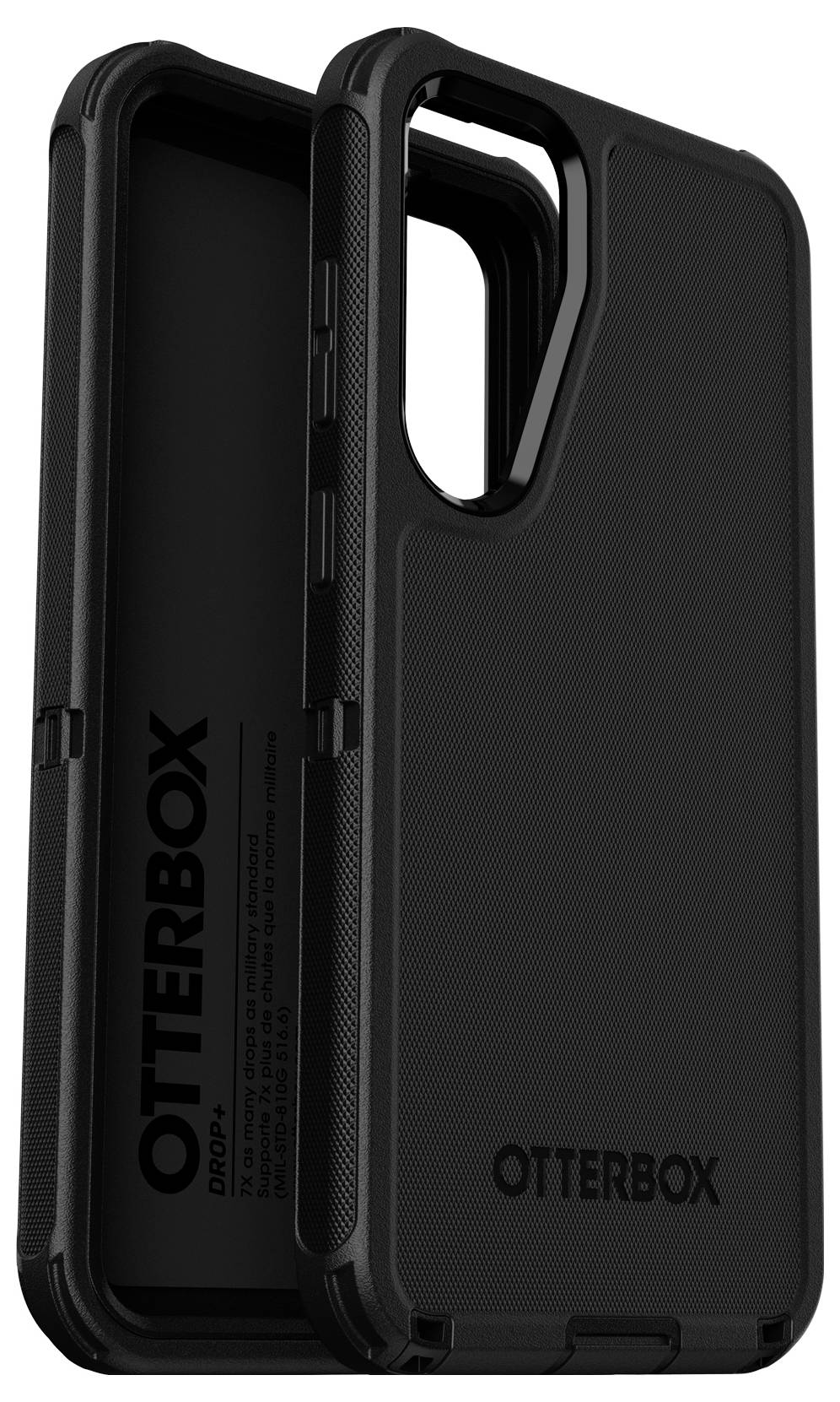 Schwarze OtterBox-Handyhülle in zwei Teilen, teilweise zusammengefügt. Robustes Design für optimalen Schutz.