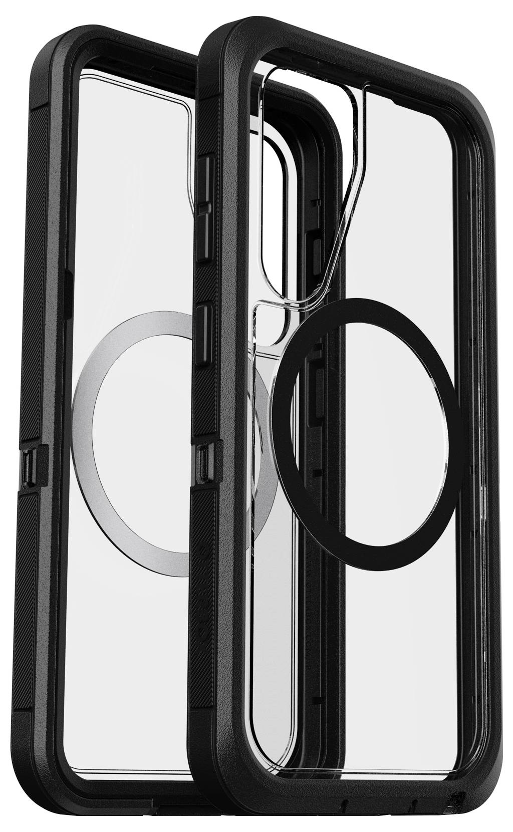 Klares Smartphone-Gehäuse mit schwarzem Rand und MagSafe-kompatiblem Ring, zwei Anzeigen in Vorder- und Rückansicht.