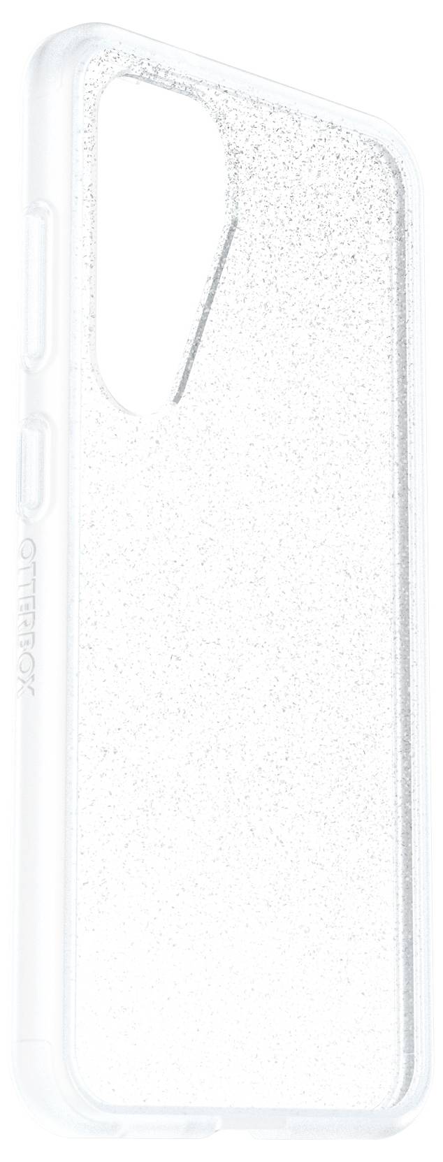 Transparente Smartphone-Hülle mit Glitzereffekt. Bietet Schutz für die Rückseite und Kanten, passend für ein Handy-Modell mit Linsenausschnitt.