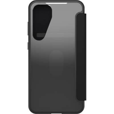 Schwarze Smartphone-Hülle, Rückansicht, mit großem Kameraausschnitt links oben und einem schmalen, vertikalen Halter rechts.