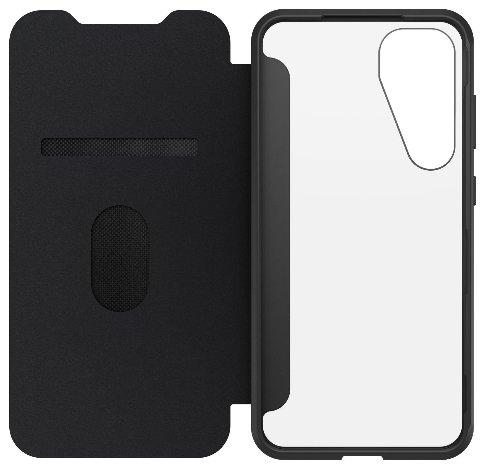 Handyhülle mit schwarzer Rückseite und transparentem Vorderbereich. Klappdesign zum Schutz von Bildschirm und Kamera des Smartphones.