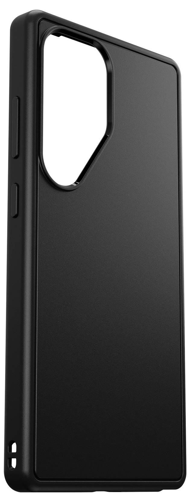 Eine schwarze Handyhülle mit Aussparung für die Kamera, Ansicht von der Seite. Schlichtes, elegantes Design.