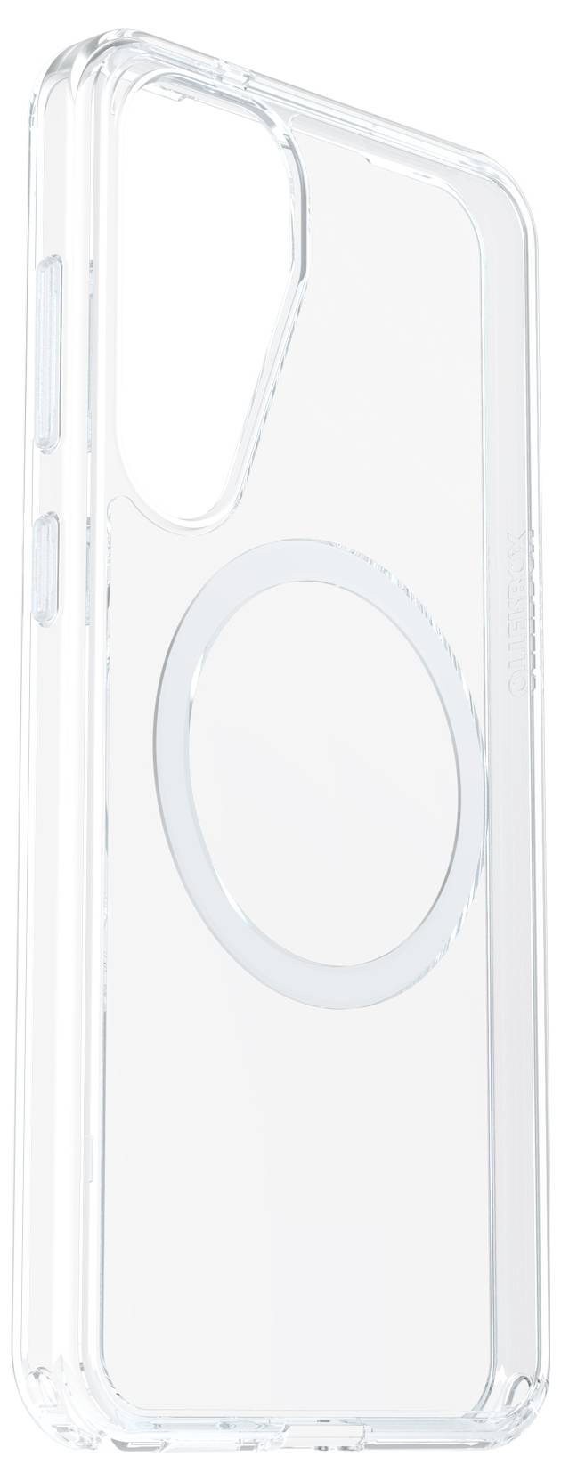 Transparente Handyhülle mit kreisförmigem Muster auf der Rückseite, geeignet für ein Smartphone. Oberflächen glatt und glänzend.