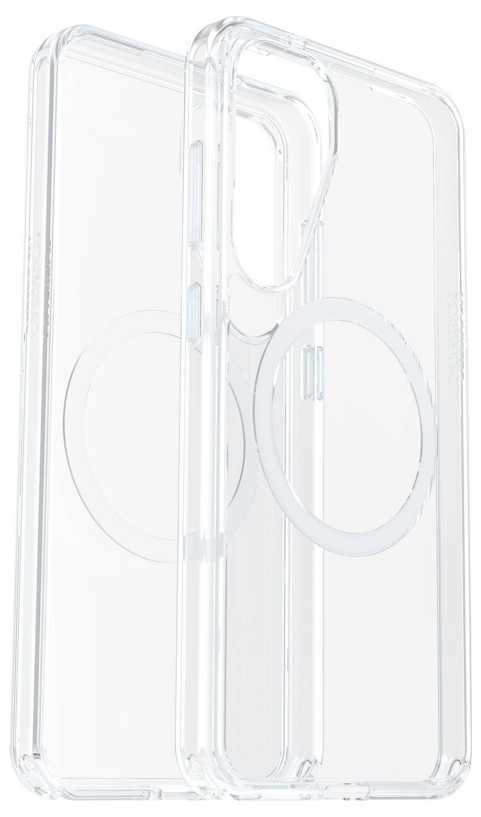 Klares Smartphone-Case mit kreisförmigem MagSafe-Ring, das Schutz bietet und drahtloses Aufladen ermöglicht.