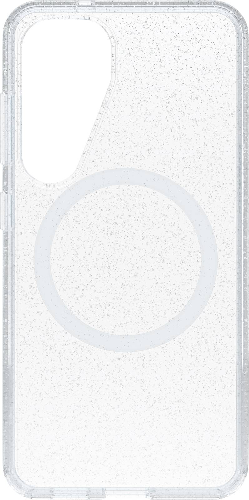 Transparente, glitzernde Handyhülle mit kreisförmigem Muster in der Mitte.