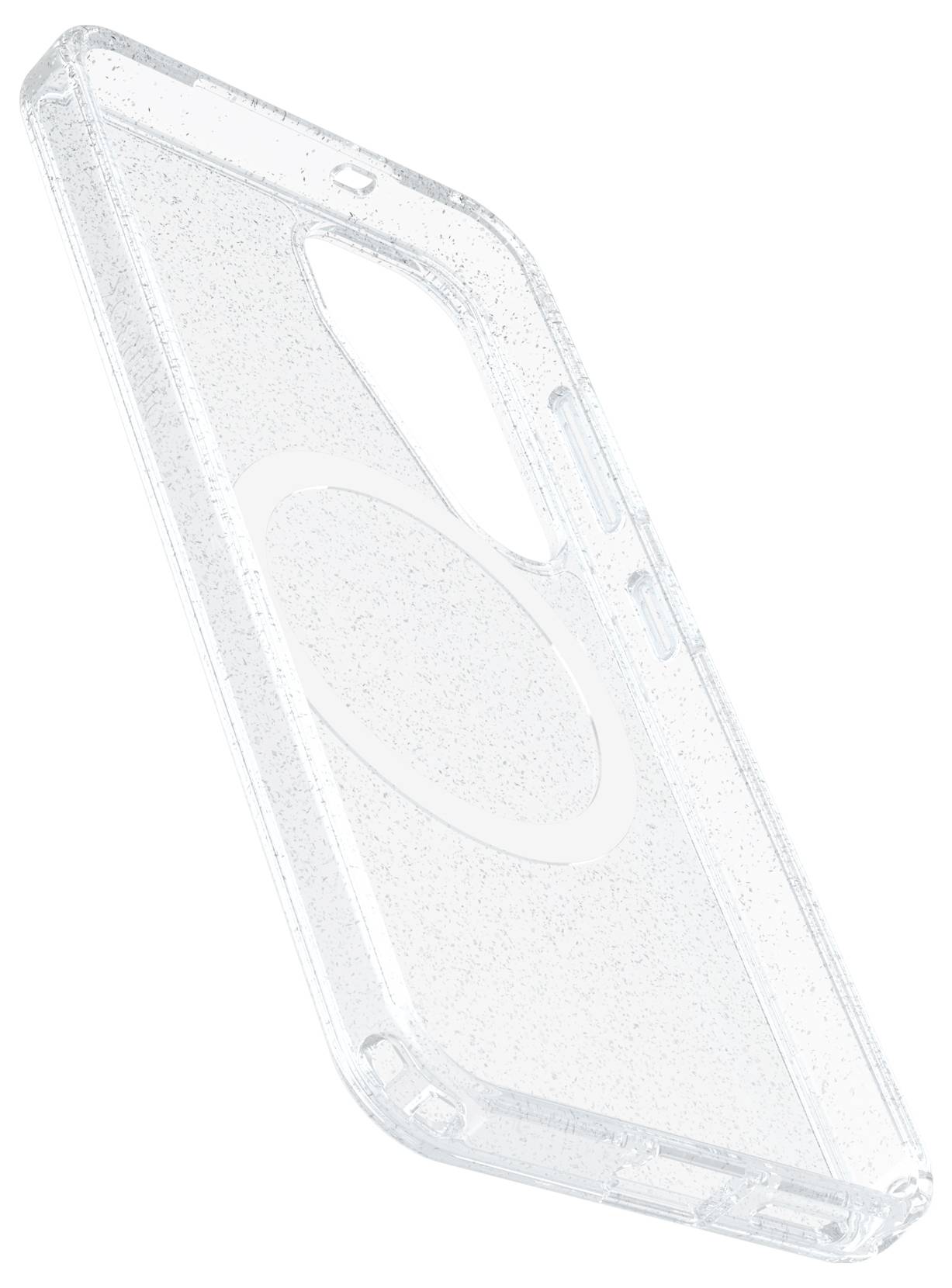 Eine transparente Handyhülle mit Glitzerpartikeln, geeignet für ein Smartphone mit dualer Kameraaussparung, zeigt stabilen, formschlüssigen Schutz.