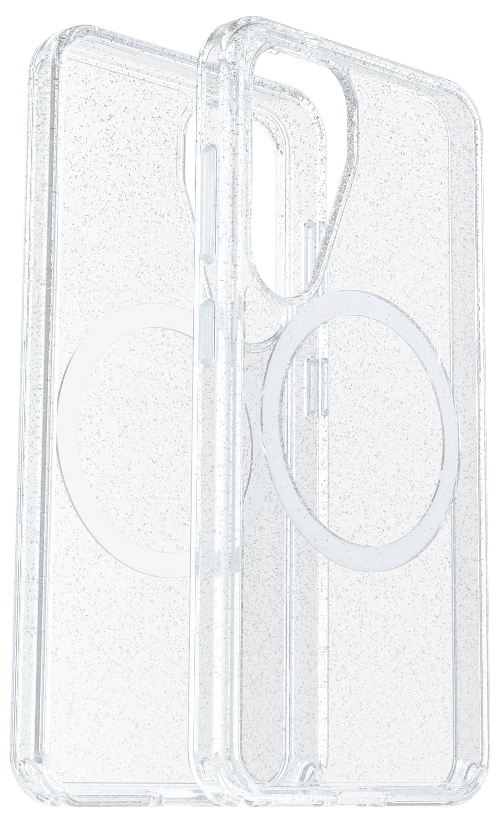 Transparente Handyhülle mit schimmernden Partikeln und integriertem MagSafe-Ring für kabelloses Laden. Schützt das Smartphone.