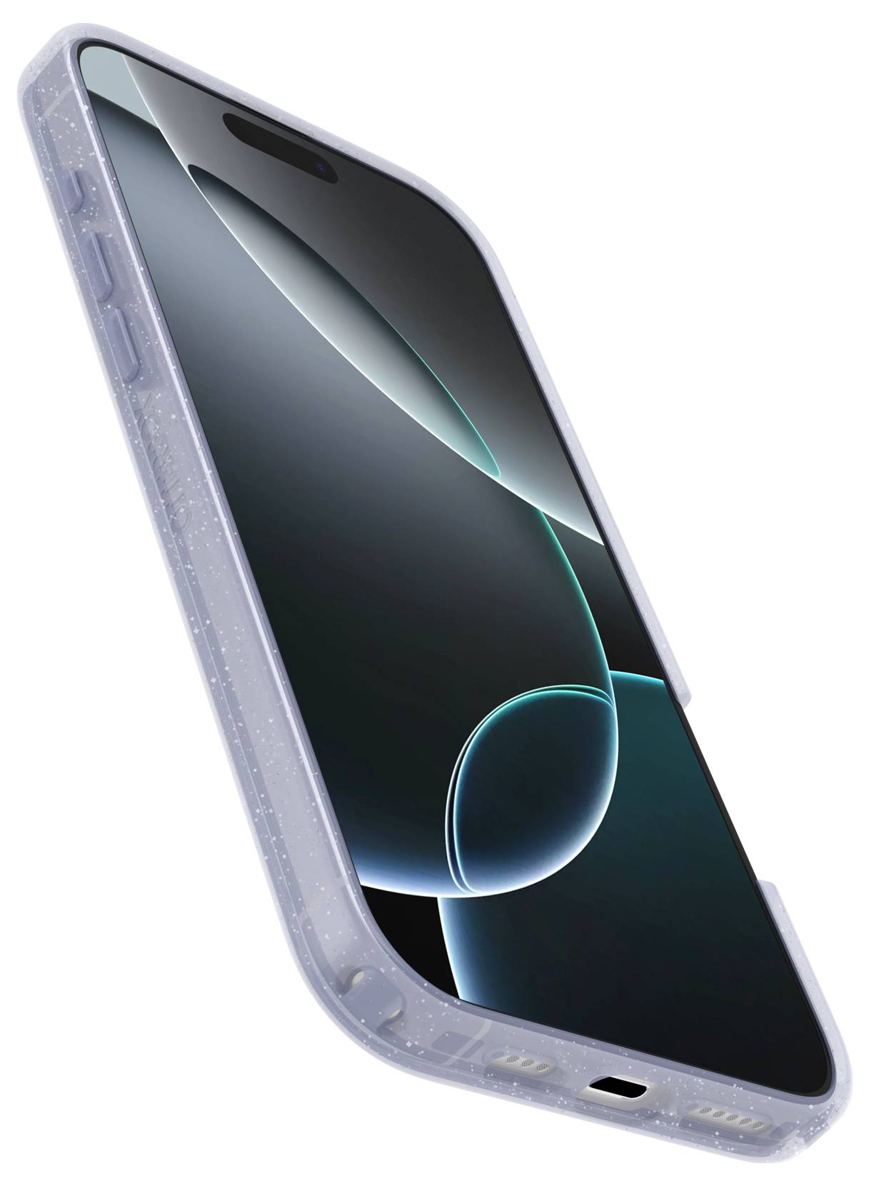 Smartphone in schützender Hülle mit stilvollem, abstraktem Hintergrund auf dem Bildschirm. Seitenansicht zeigt physischen Lautstärkeregler.