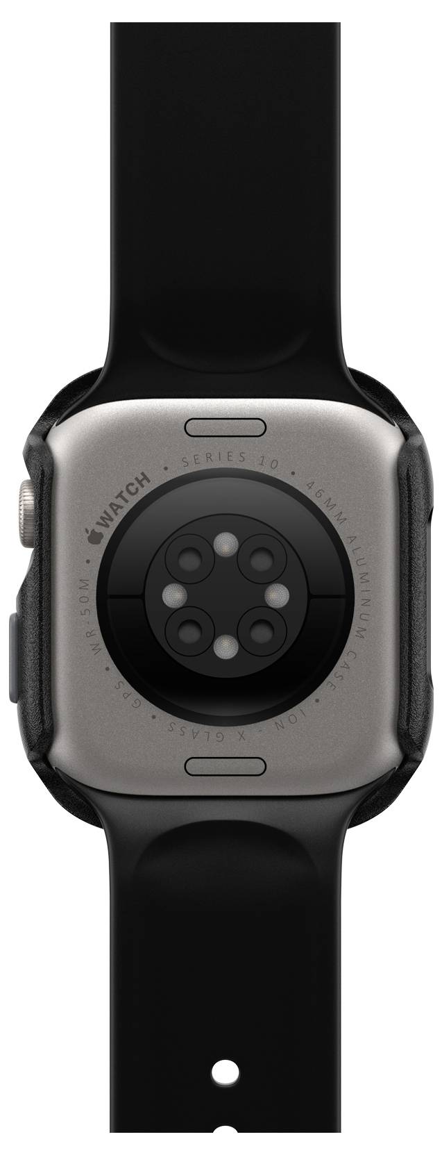 Die Rückseite einer schwarzen Smartwatch mit Sensoren auf der Gehäuserückseite, die Gesundheitsdaten messen.