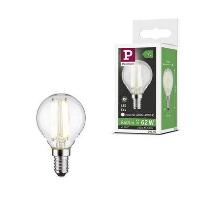 LED-Glühbirne E14 mit 840 Lumen, 4000K, 62W in einer grünen Verpackung mit Markenlogo, Energieklasse A.