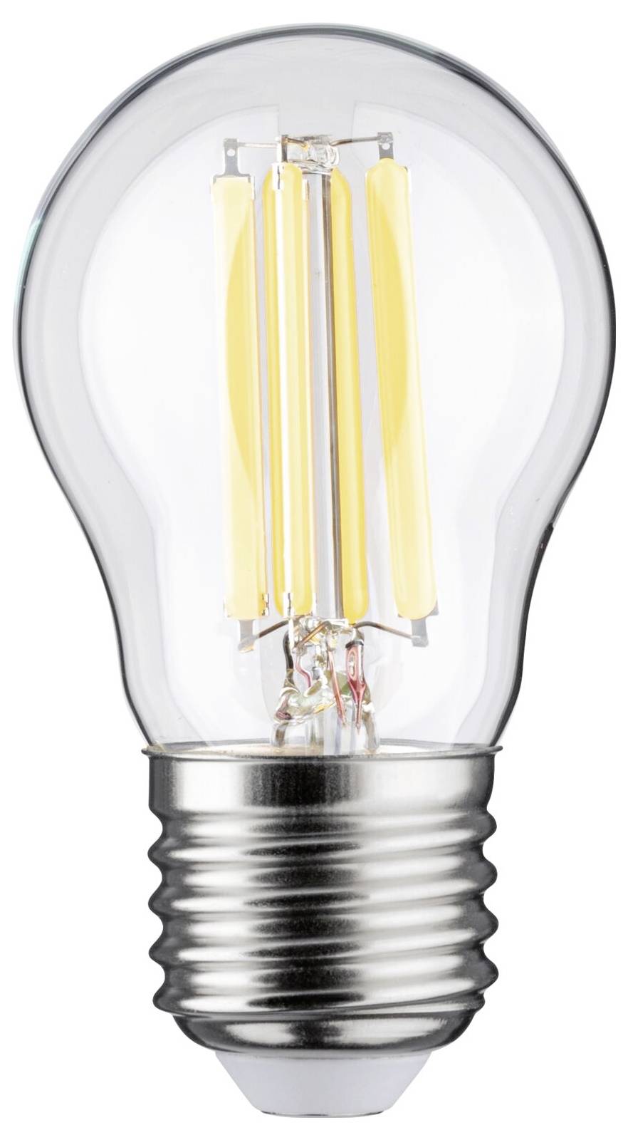 Eine LED-Glühbirne mit sichtbaren Filamenten und Metallfassung, zeigt modernes Design für energieeffiziente Beleuchtung.
