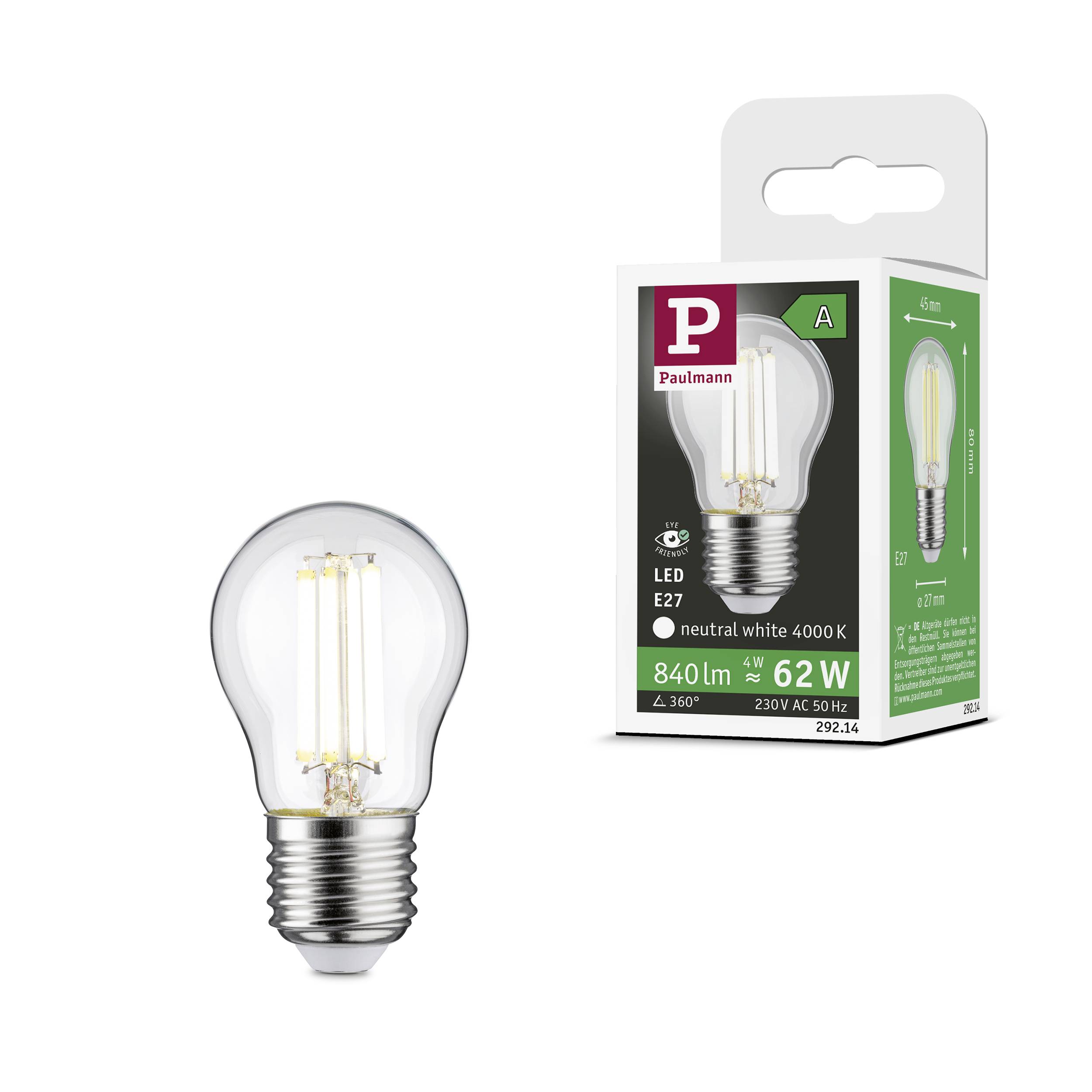 Dies ist eine LED-Glühbirne der Marke Paulmann mit E27-Fassung. Auf der Verpackung steht: 840 lm, 62 W, neutralweiß, 4000 K.