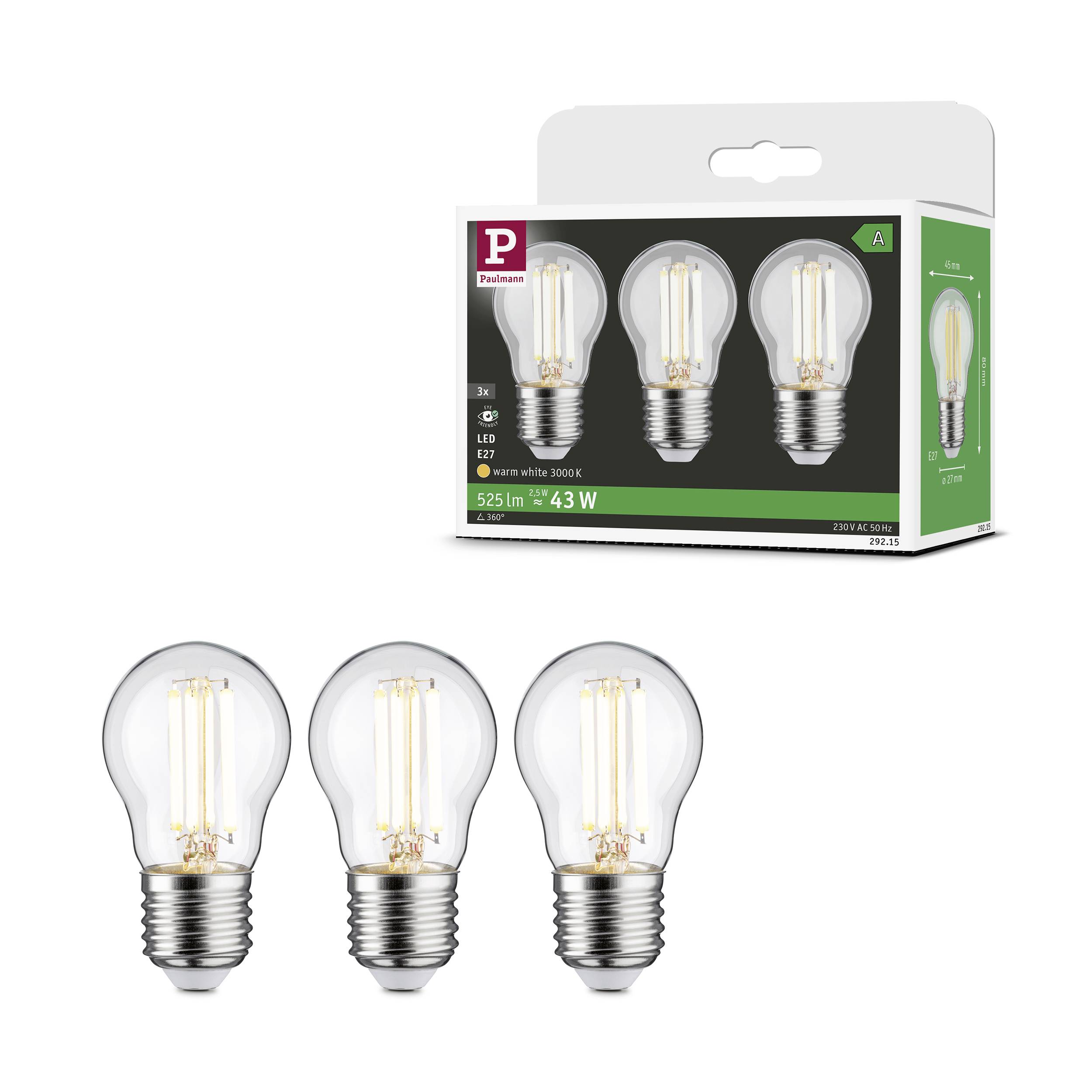 Drei LED-Glühbirnen vor einer Verpackung, die drei ähnliche Glühbirnen zeigt. Verpackung zeigt Daten wie 525 Lumen, 43 Watt.