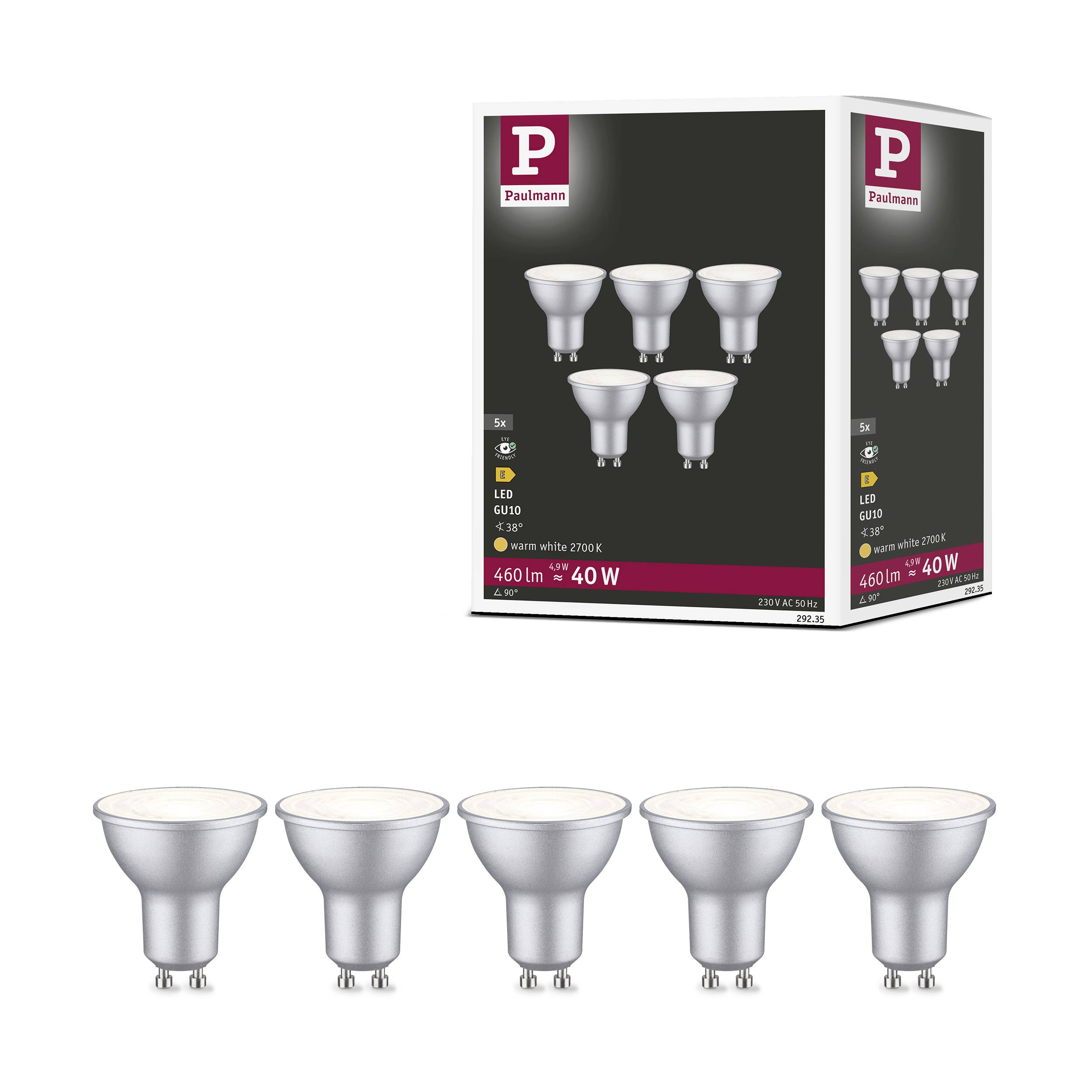 Fünf LED-Glühbirnen GU10 sind aufgereiht. Die Verpackung zeigt die Birnen und die Spezifikationen: 460 lm, 40 W, warmweißes Licht.