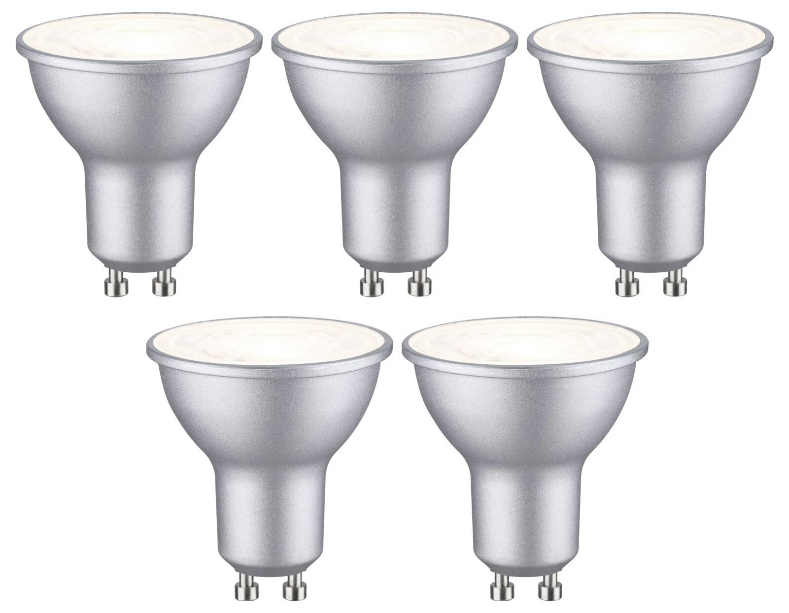 Fünf identische silberne LED-Leuchtmittel mit GU10-Sockel auf weißem Hintergrund. Sie sind energieeffizient und verbreiten warmweißes Licht.