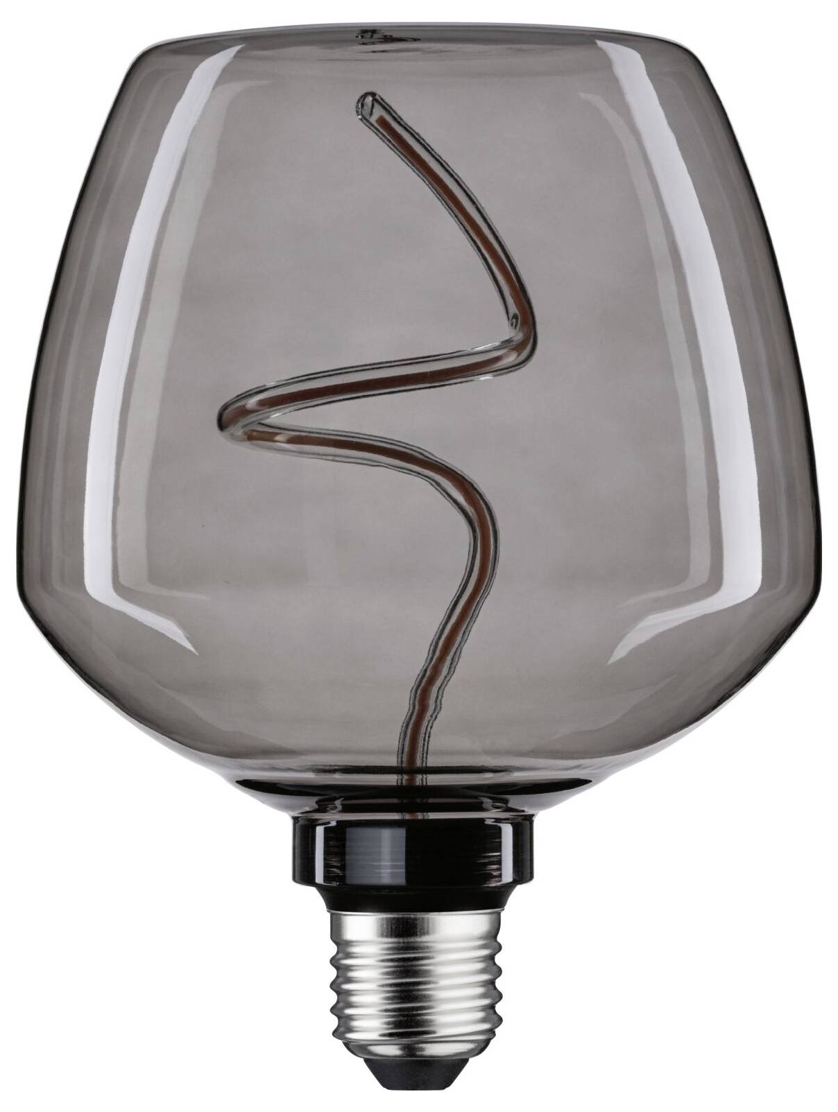 Dekorative Glühbirne mit einzigartigem, spiralförmigem Wolframfaden in einem rauchfarbenen Glasgehäuse.