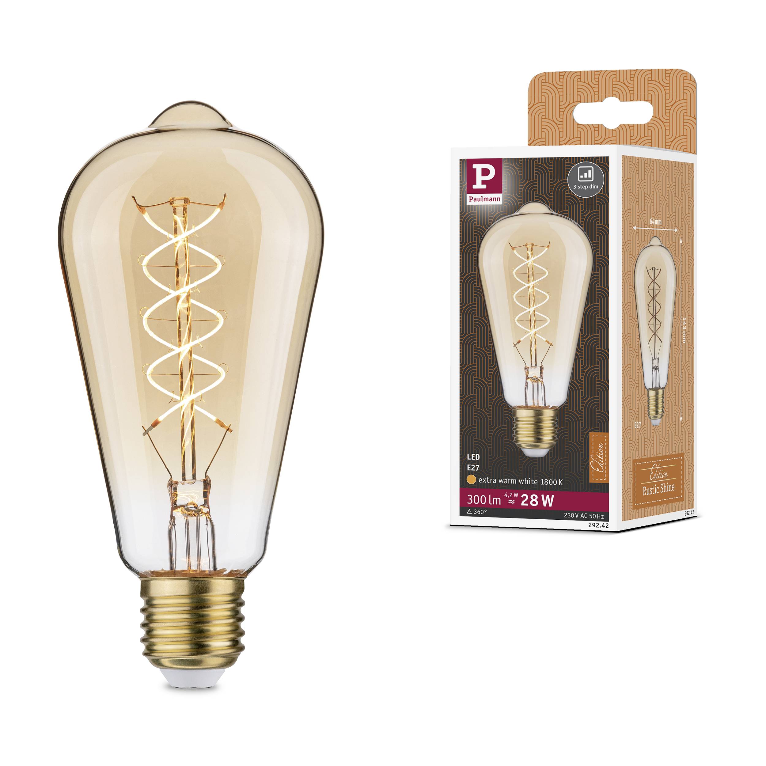 Eine Edison-Glühbirne mit spiralförmigem Filament neben ihrer Verpackung. Verpackung zeigt Bild der Glühbirne und Produktinformationen.