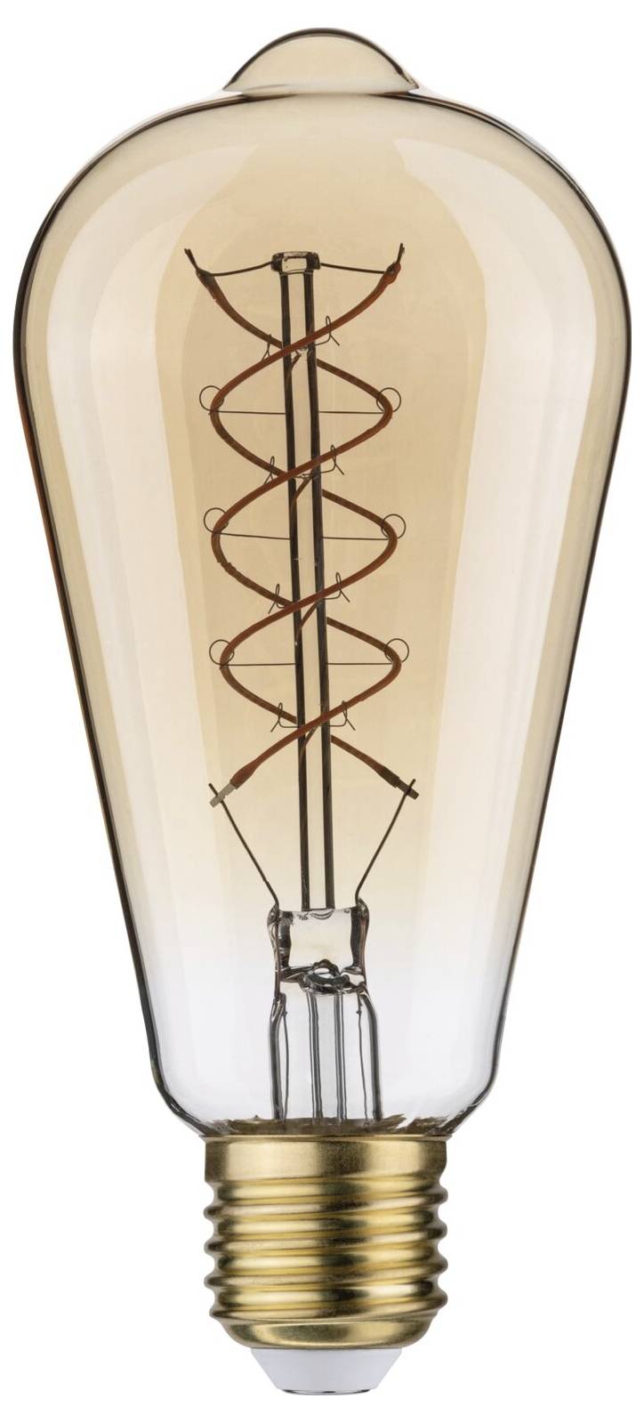 Glühlampe mit sichtbarem Spiraldraht, Retro-Design, goldfarbener Sockel, warme Lichtfarbe.