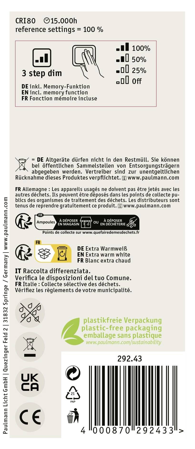 Rückseite einer LED-Glühbirnenverpackung. Enthält Gebrauchshinweise, Symbolerklärungen, Energieeffizienzklasse und Recyclinginfos. Verpackung ist plastikfrei.