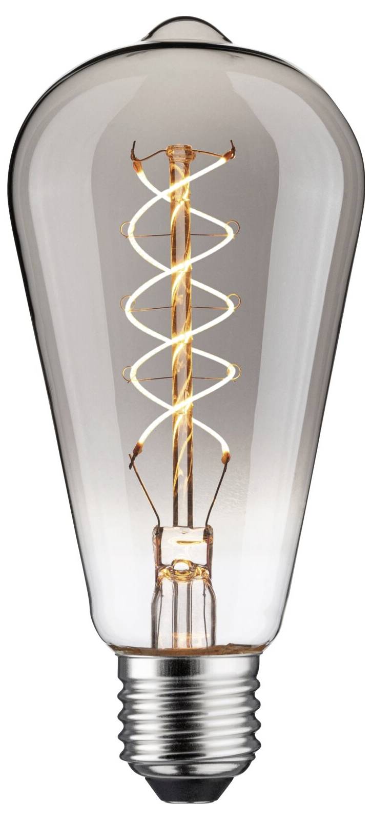 Eine Edison-Glühbirne mit sichtbarem Glühfaden in Form einer Spirale, leuchtet sanft. Sie hat einen modernen und dekorativen Stil.