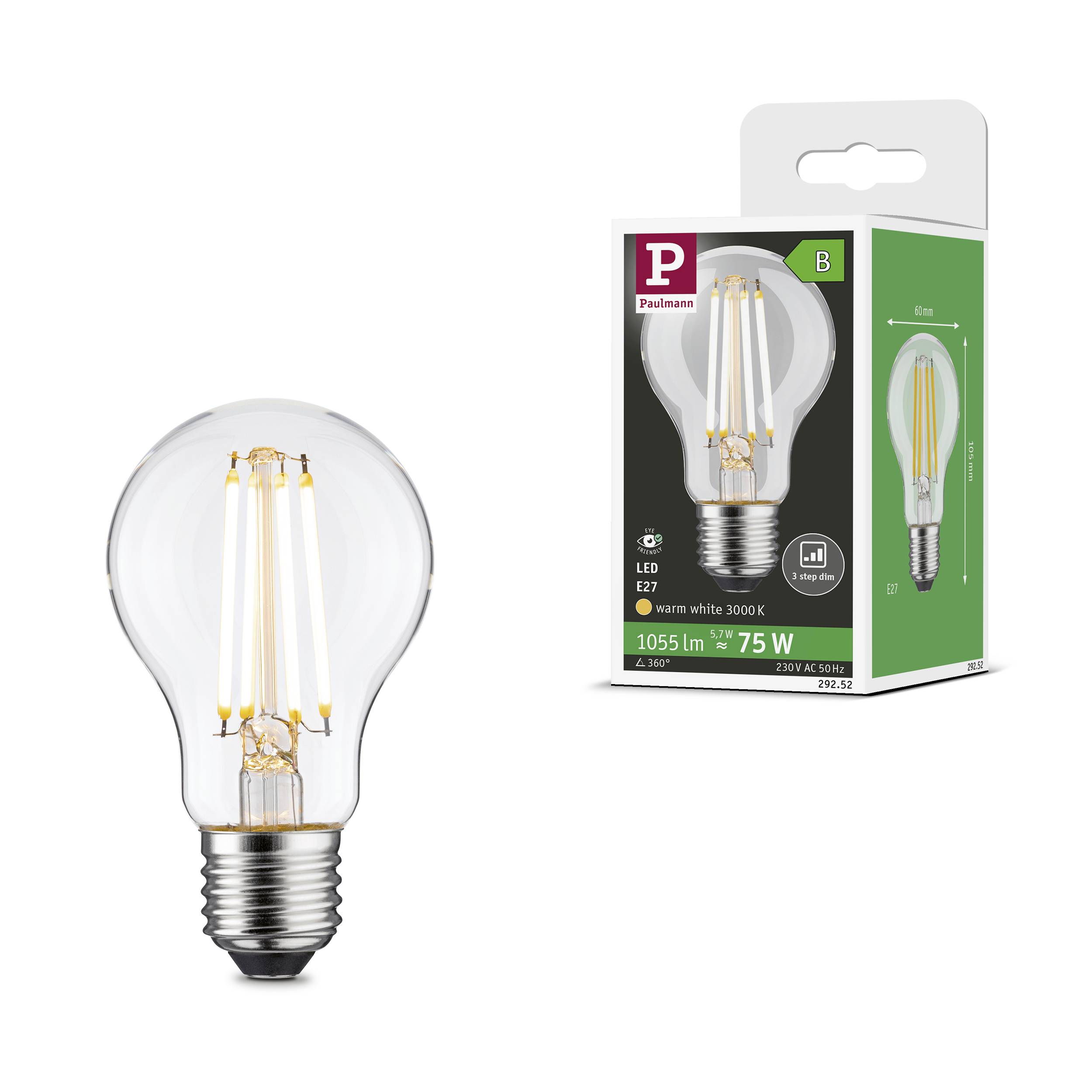 Glühbirne E27, warmweiß 3000K, äquivalent zu 75W, Energieklasse B, Verpackung mit Markenlogo und technischen Details rechts.