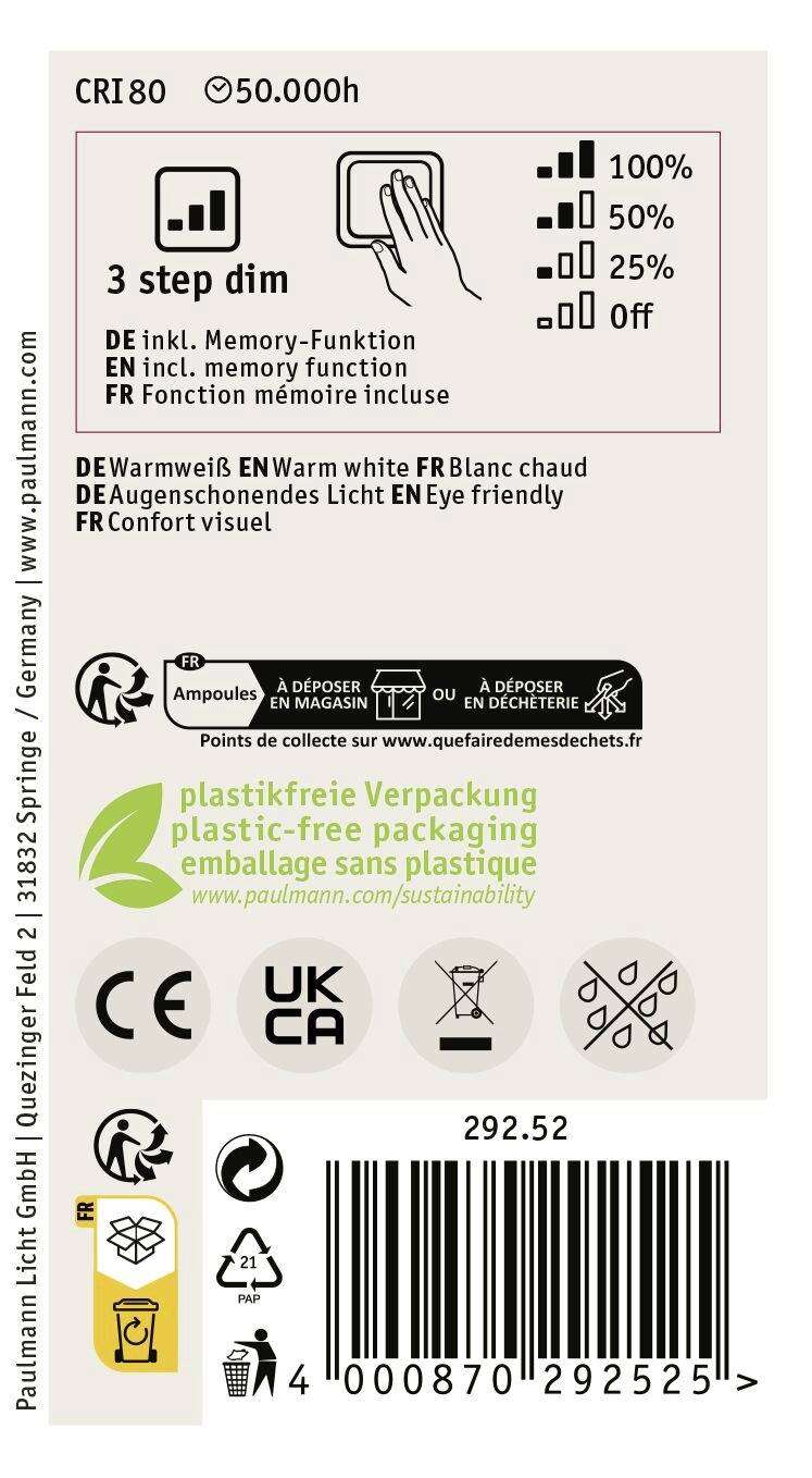 'Rückseite einer LED-Verpackung mit Infos zu Dimmen, Lichtfarbe (warmweiß), Energiesparsiegel und plastikfreier Verpackung.'