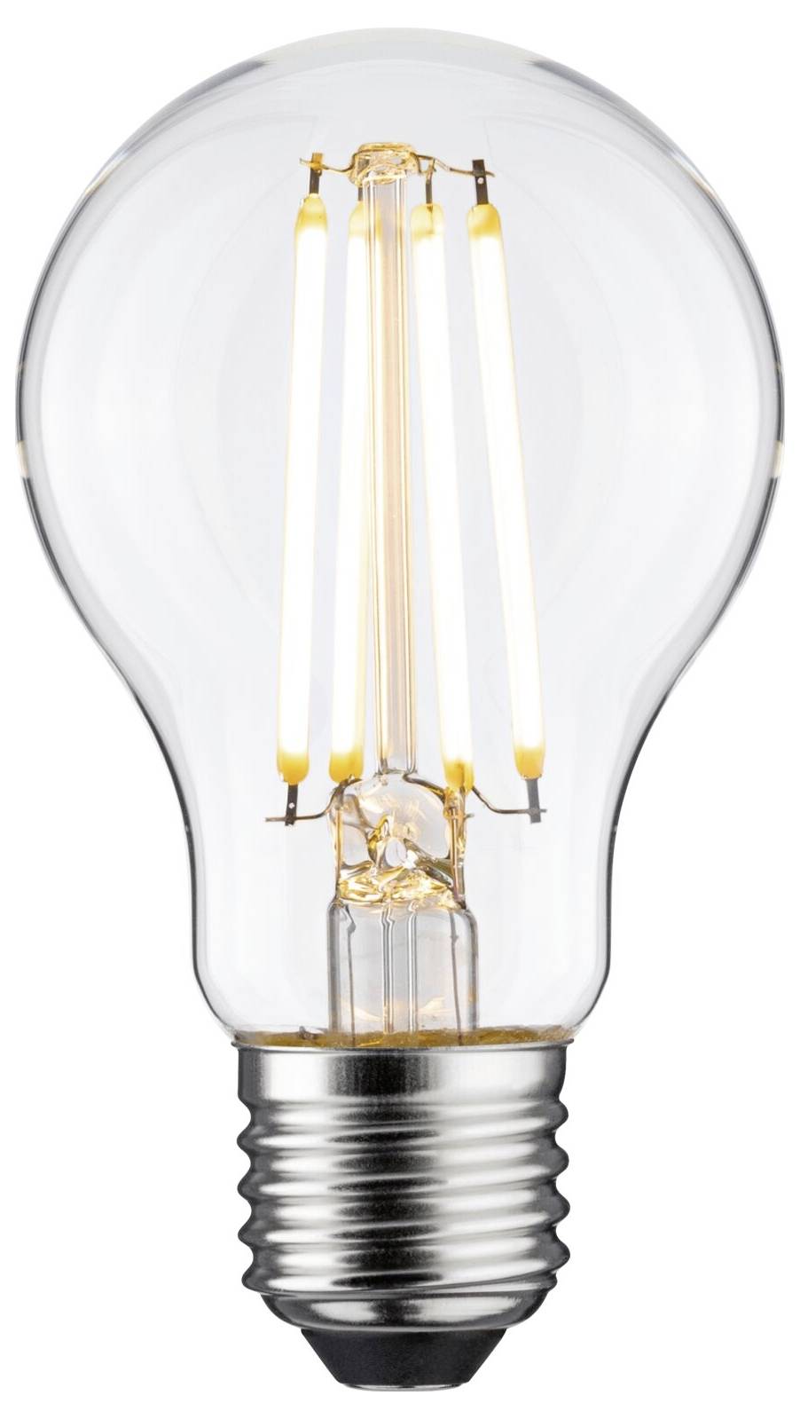 Glühbirne mit sichtbaren LED-Filamenten und Metallsockel.