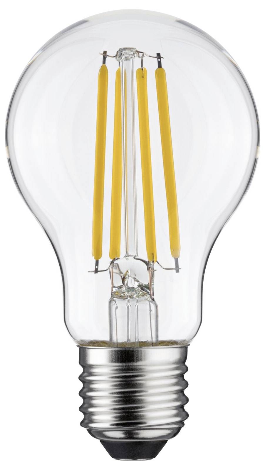 Eine LED-Glühbirne mit Schraubsockel; sie ist eingeschaltet, die gelben Filamente leuchten hell.