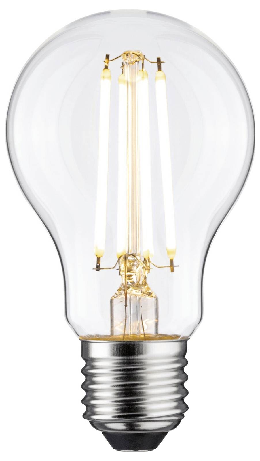 Eine klassische Glühbirne mit sichtbaren Filamenten, die leuchtet.