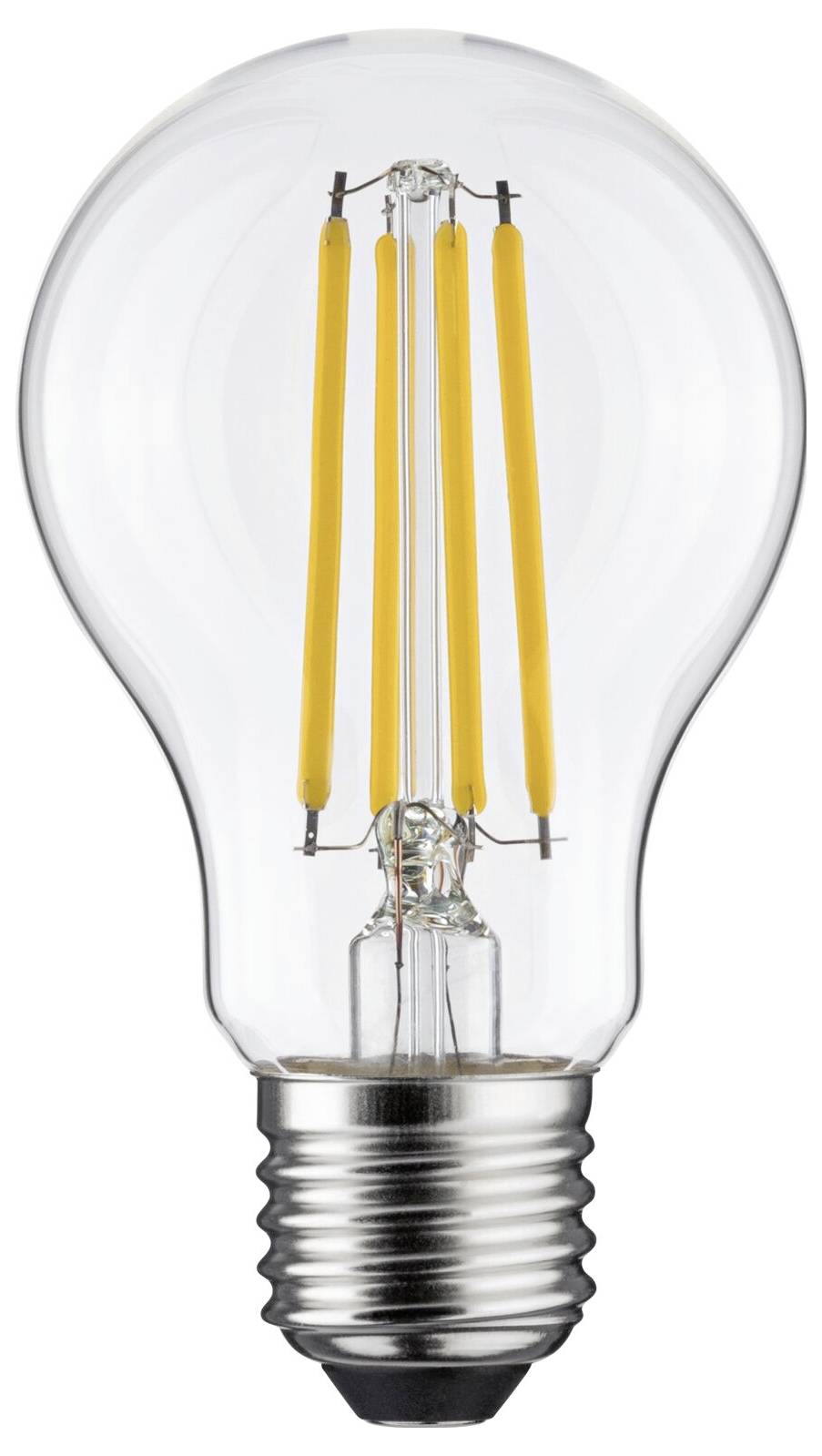 Eine klare LED-Glühbirne mit sichtbaren Filamenten und einer Standard-Schraubfassung vor weißem Hintergrund.