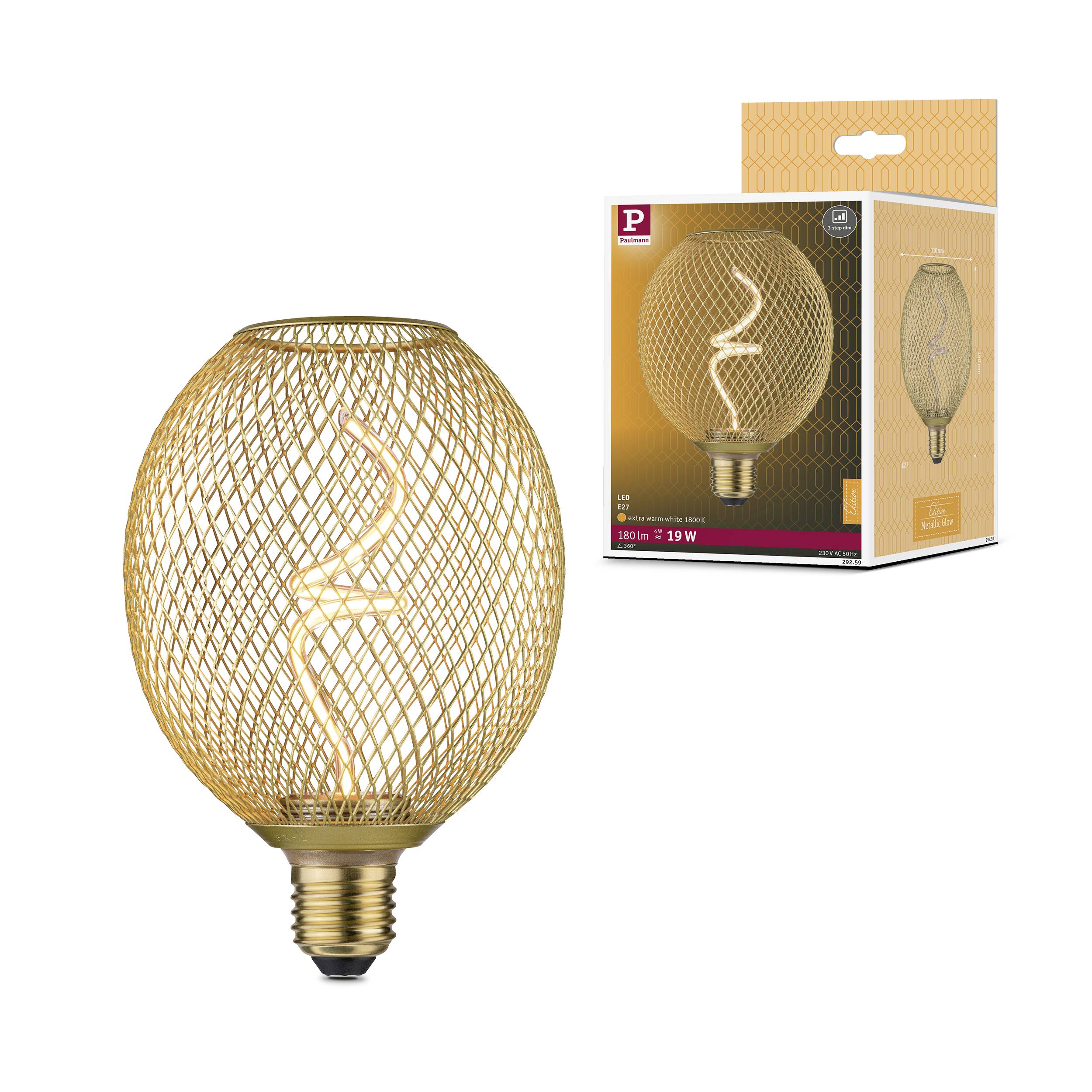 Eine stilvolle LED-Glühbirne in Gitterform, daneben ihre Verpackung. Die Birne zeigt einen spiralförmigen Glühdraht.