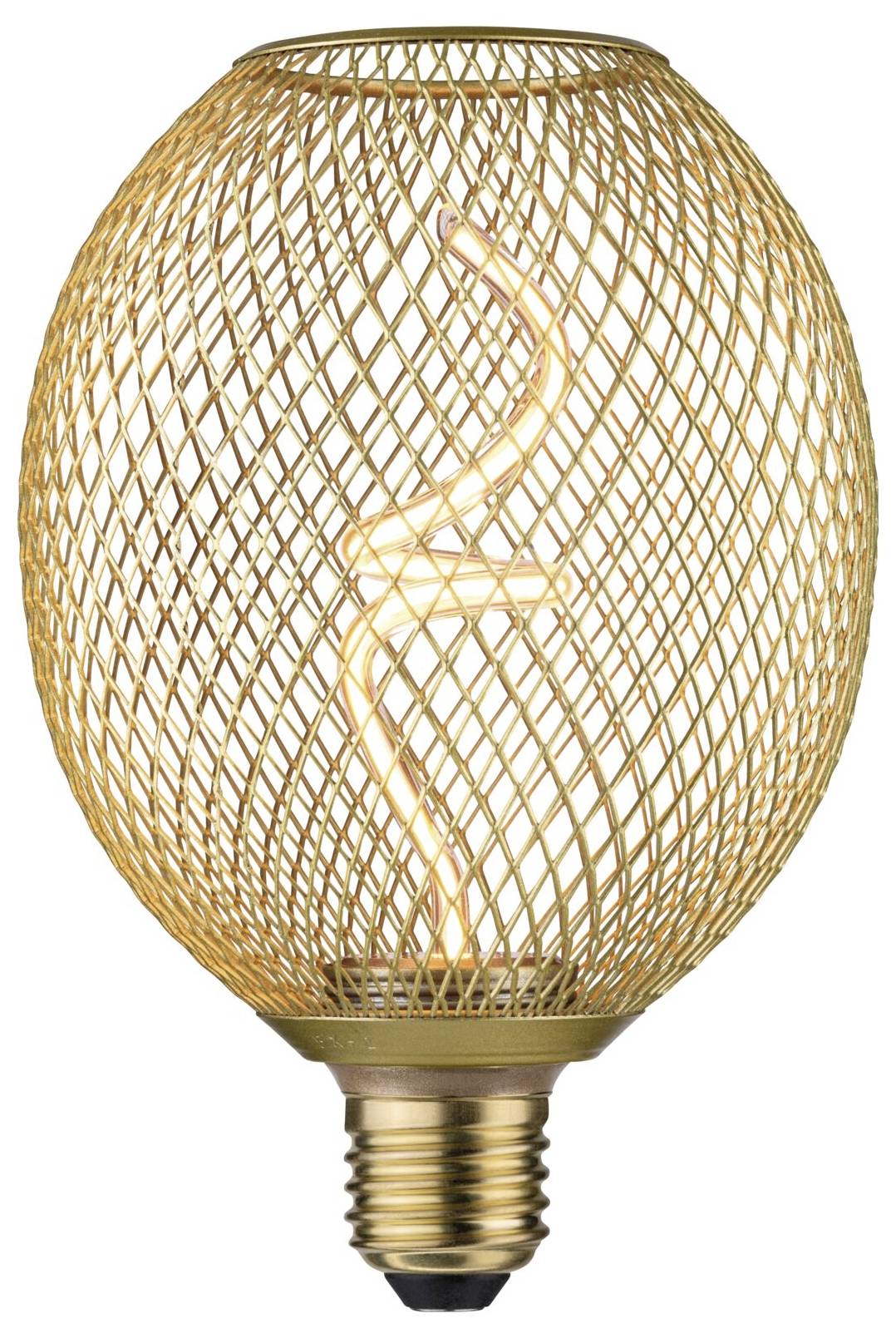 Eine Glühbirne mit filigranem Drahtgitter-Design und sichtbarem Glühfaden, die einen modernen, dekorativen Stil vermittelt.