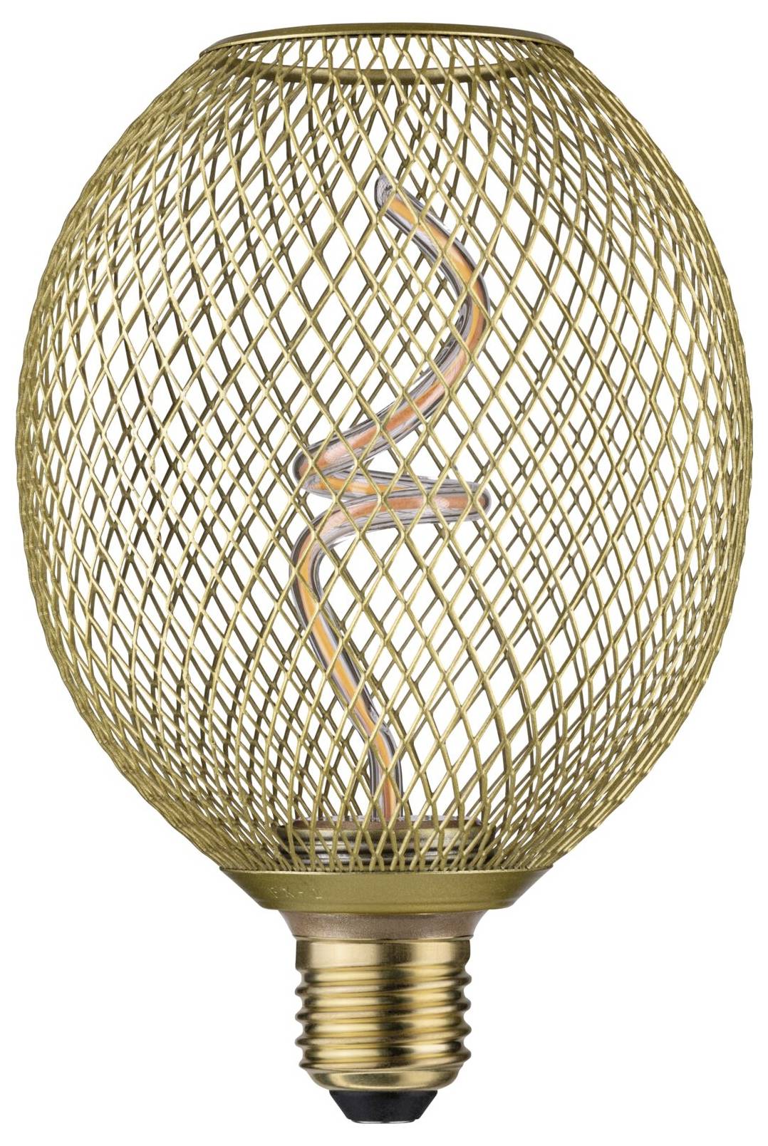 Eine dekorative Glühbirne mit Metallgitterschirm und sichtbarem Leuchtfaden. Elegantes Design in Goldfarbton.
