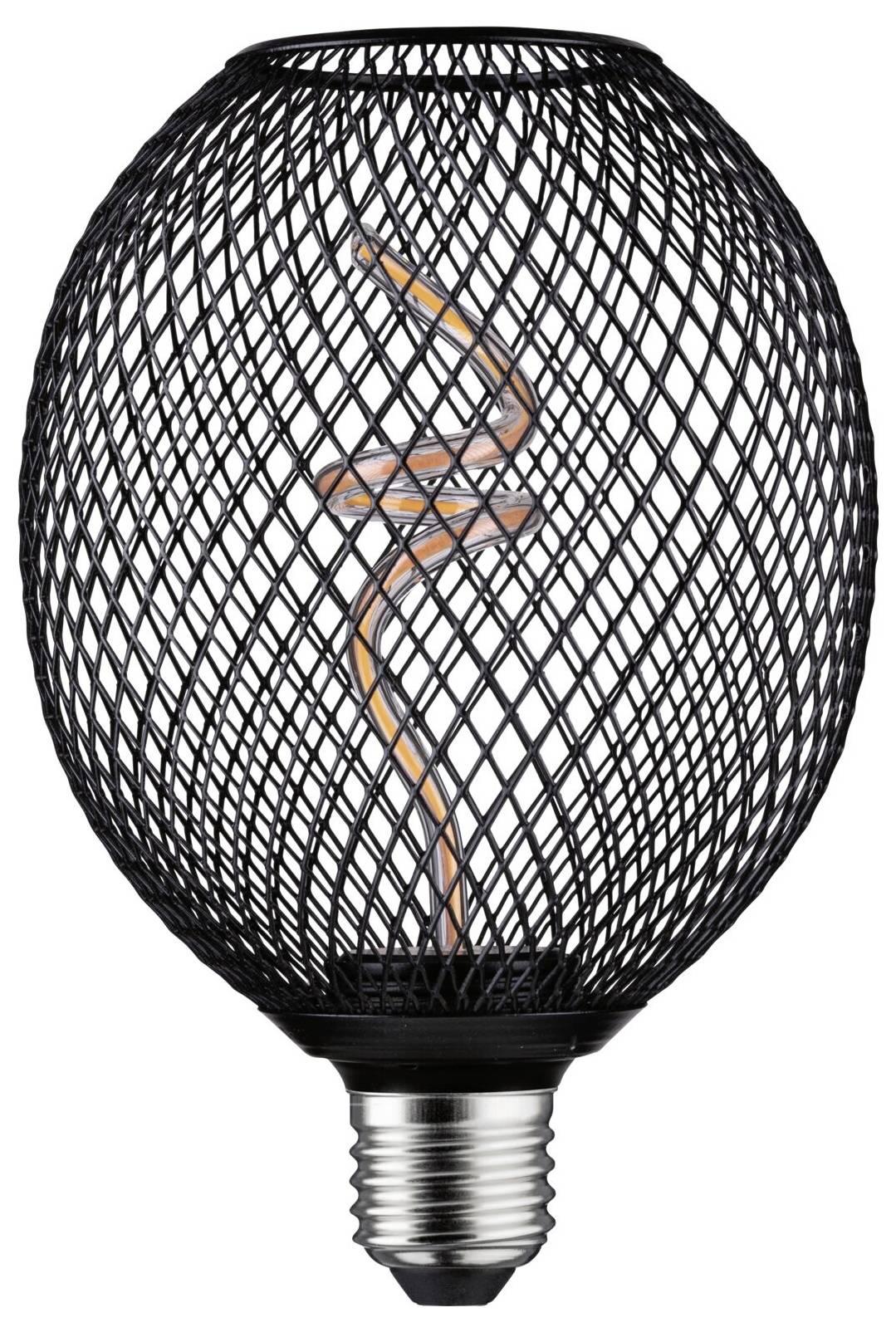 Dekorative Glühbirne mit schwarzem Netzdesign, innen ein spiralförmiges Leuchtmittel. Ideal für stimmungsvolle Beleuchtung.