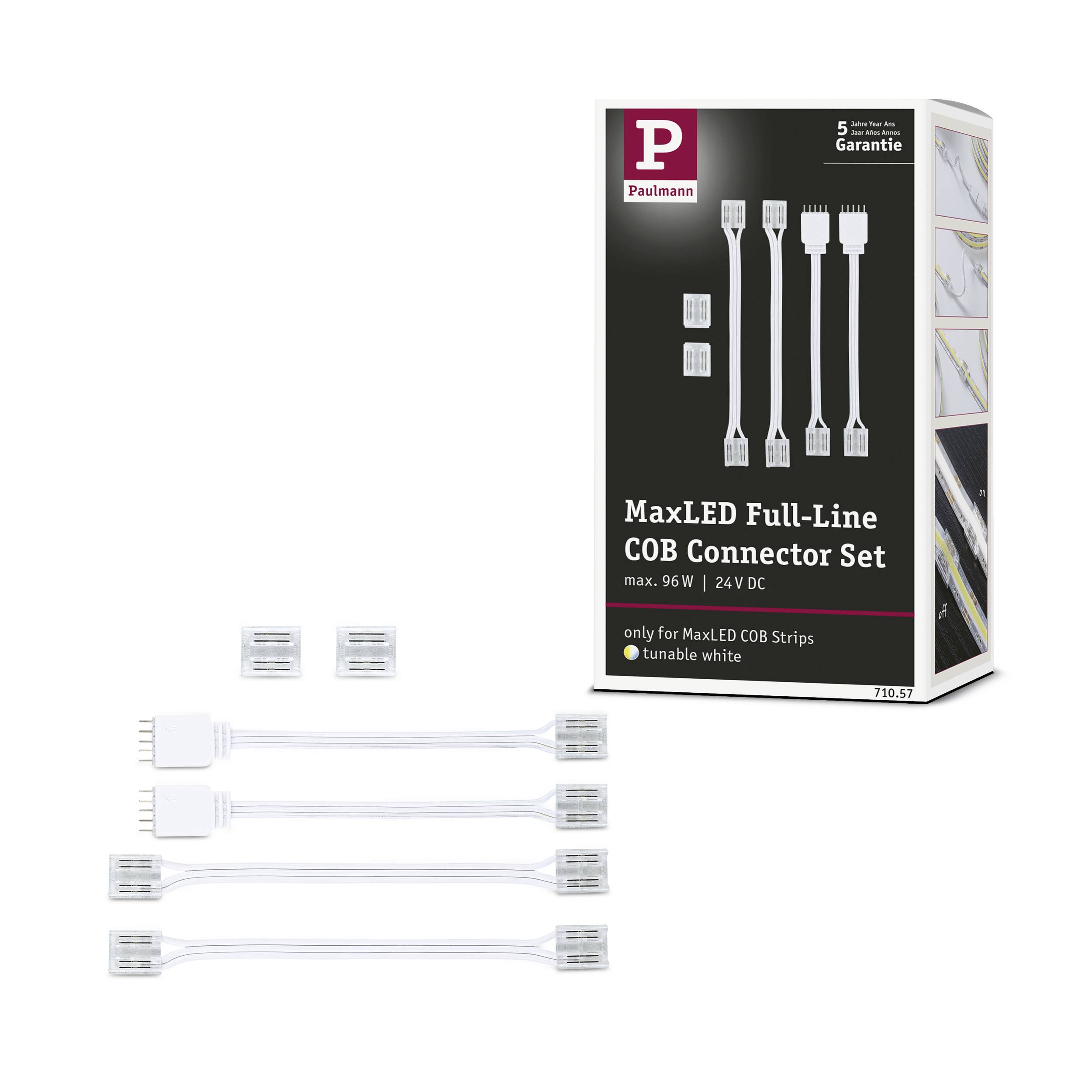Paulmann MaxLED Full-Line COB Connector-Set, fünf Längsverbinder für LED-Streifen, max. 96W, 24V DC, Verpackung und Produkte sichtbar.