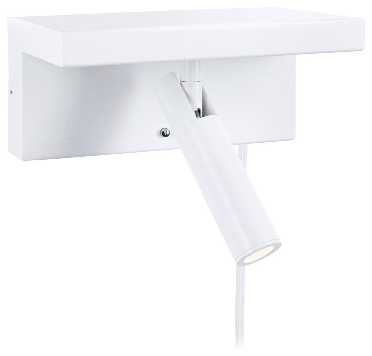 Weiße Wandlampe mit rechteckiger Halterung und schwenkbarem, zylinderförmigem Leuchtarm.