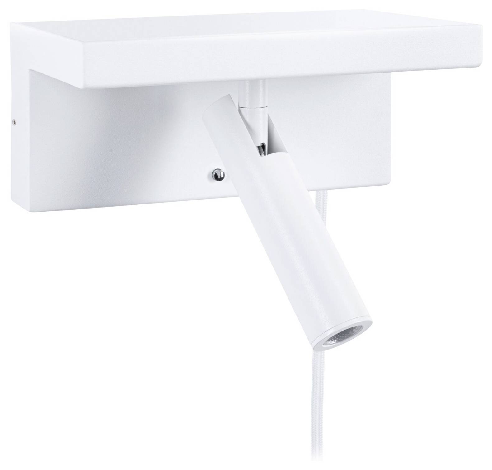 Weiße Wandleuchte mit rechteckigem Gehäuse und zylindrischem, verstellbarem Arm, passend für moderne Innenräume.