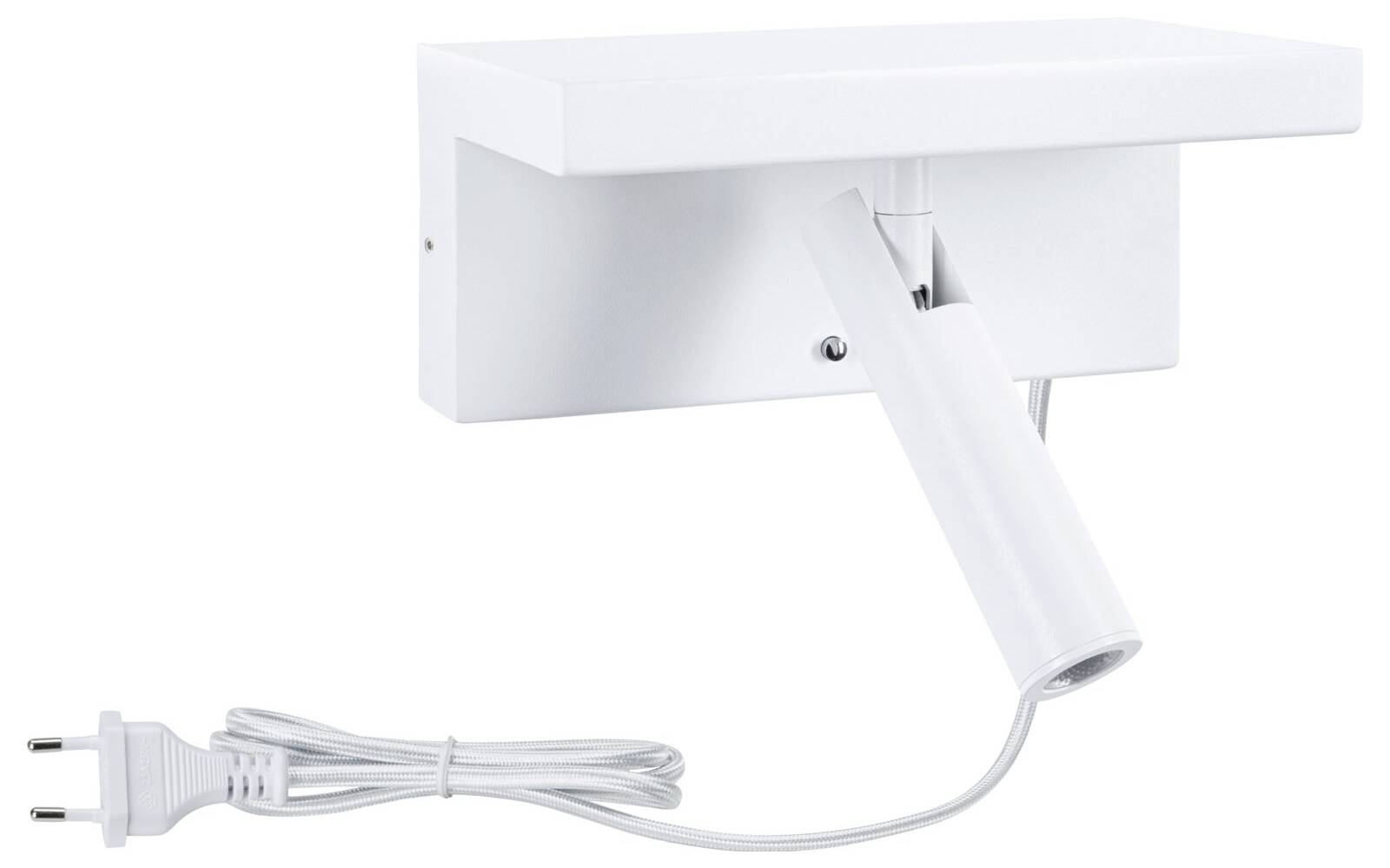 Weiße Wandleuchte mit rechteckigem Sockel und verstellbarem zylindrischem Arm. Inklusive Netzkabel mit Stecker.