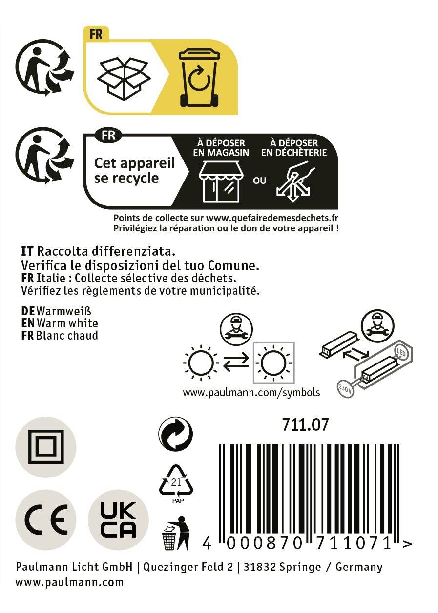 'Etiquette de recyclage en français indiquant le tri sélectif des déchets, modes de collecte, icônes CE et codes QR.'